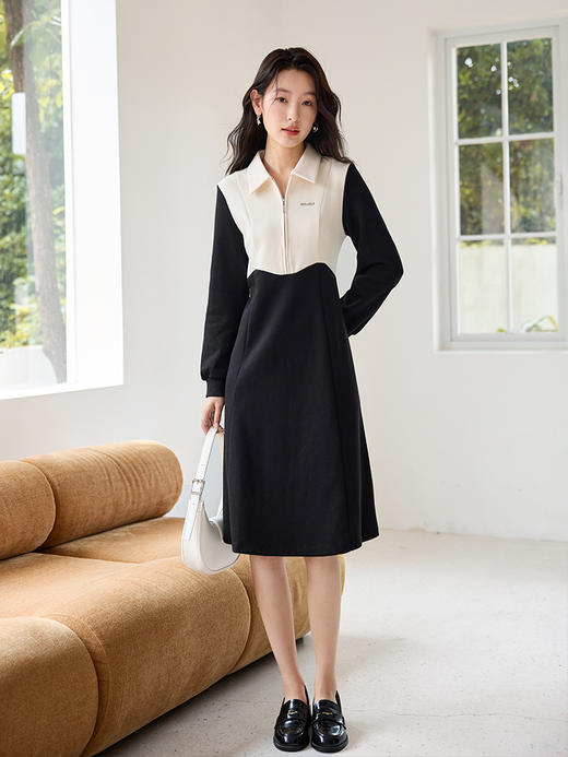 【专属特价】熙世界撞色拼接POLO领连衣裙2025秋季新款收腰显瘦翻领中长裙子 商品图4