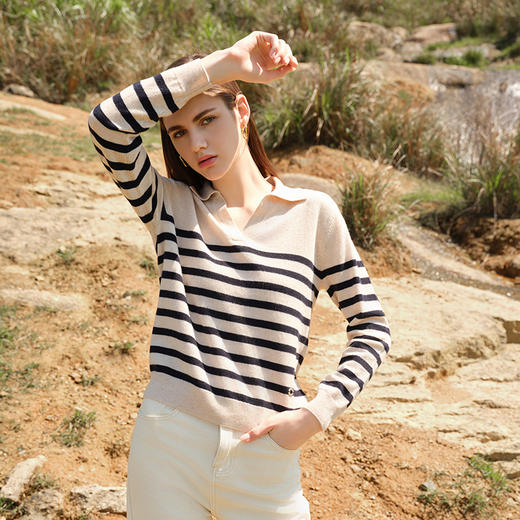 【V领条纹撞色羊绒衫】24年秋冬新品女士100%山羊绒时尚双色毛衣 商品图3