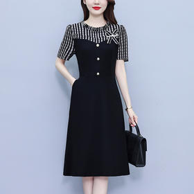 雀说条纹拼接连衣裙女新款时尚洋气圆领韩版假两件简约中长裙AL8530