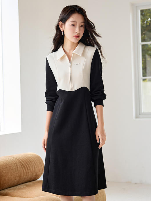 【专属特价】熙世界撞色拼接POLO领连衣裙2025秋季新款收腰显瘦翻领中长裙子 商品图3