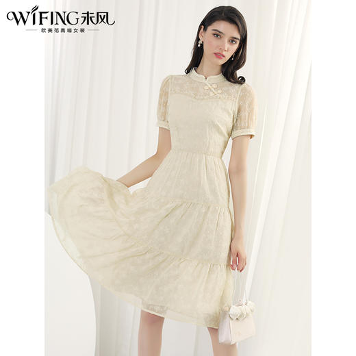 未风杏色雪纺连衣裙女夏2024年夏季新款女装改良旗袍国风短袖裙子 商品图3