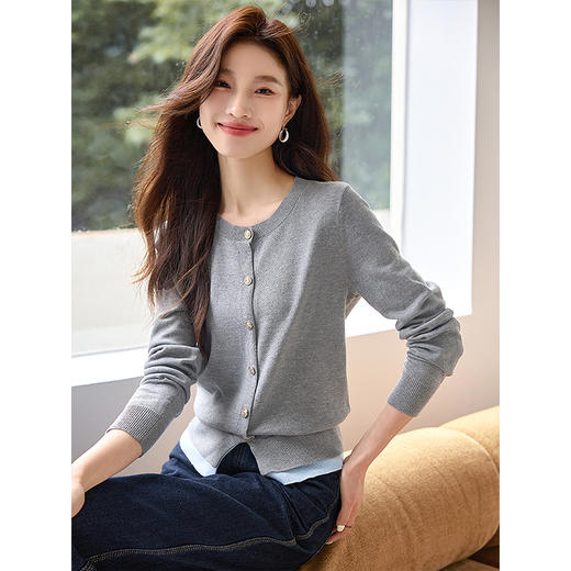 【年终特卖】熙世界学院风撞色假两件针织衫2025年秋装新款含羊毛开衫短外套 商品图0