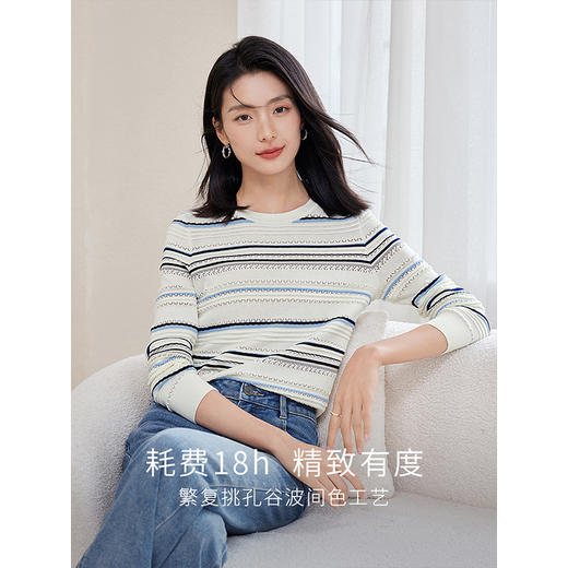 【年终特卖】熙世界多巴胺条纹打底针织衫秋季新款宽松圆领长袖法式撞色上衣 商品图0