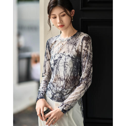 剩S 米思阳2026春季新款国风泼墨感网纱T恤轻薄透气长袖上衣女3578 商品图2