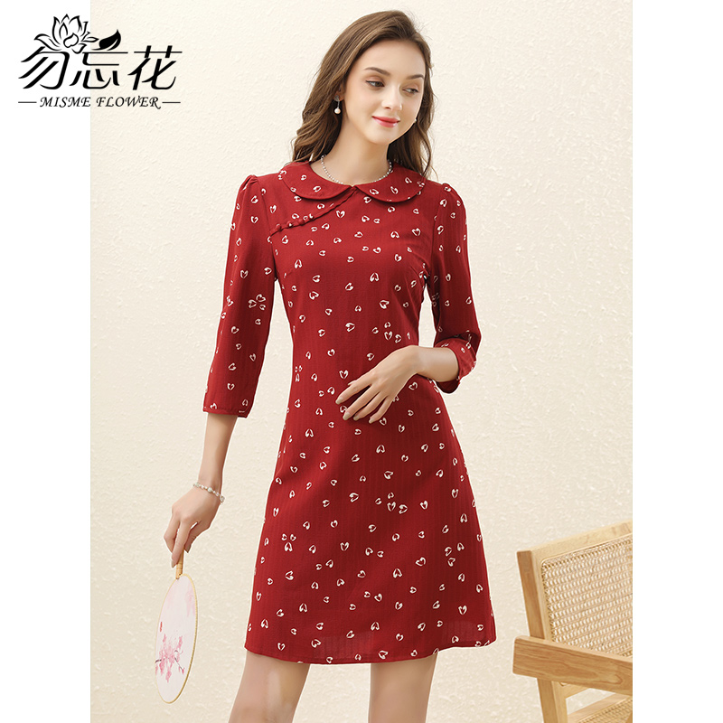 勿忘花红色碎花娃娃领改良旗袍连衣裙女2024秋新款小个子裙七分袖