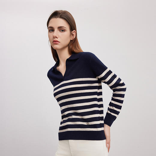 【V领条纹撞色羊绒衫】24年秋冬新品女士100%山羊绒时尚双色毛衣 商品图6