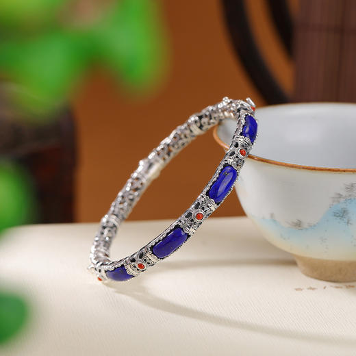 S925纯银青金石南红卷草纹镂空，复古做旧轻奢高级款手环手镯CW-SZ01935 商品图2