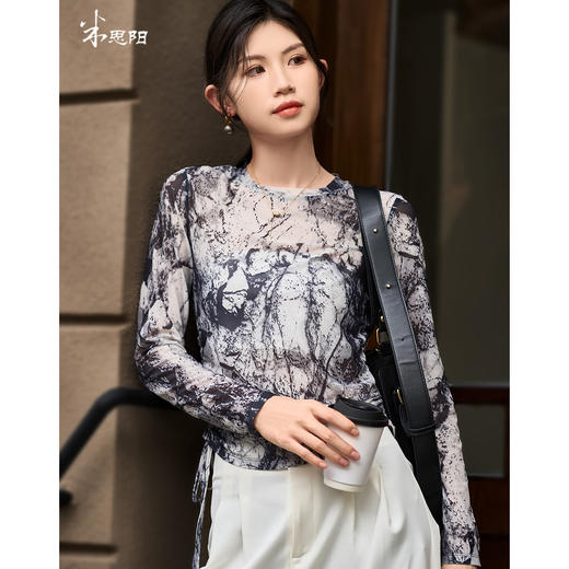 剩S 米思阳2026春季新款国风泼墨感网纱T恤轻薄透气长袖上衣女3578 商品图1