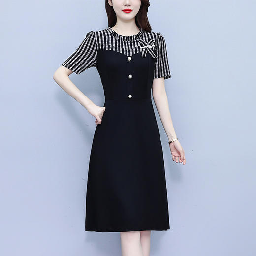 雀说条纹拼接连衣裙女新款时尚洋气圆领韩版假两件简约中长裙AL8530 商品图2
