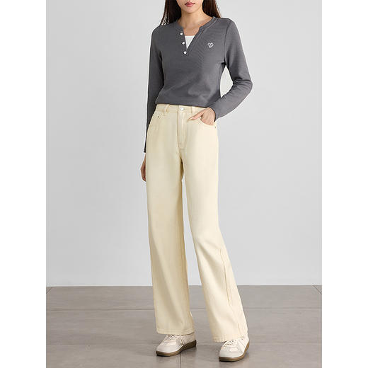 【年货节】熙世界复古杏色阔腿牛仔裤2025秋季新款宽松休闲窄版直筒长裤子 商品图4