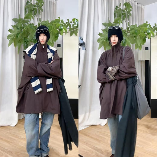 HIDEMI 极简廓形伞状拉链立领设计感口袋中长款休闲感外套风衣 深棕酒红/雾霾蓝灰 商品图2