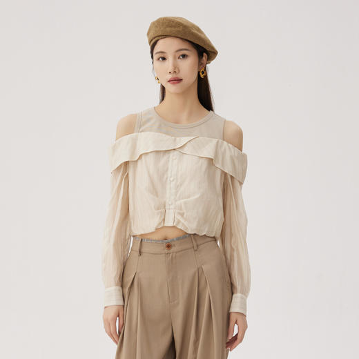 谜底露肩上衣长袖女士2024秋季新品复古通勤气质短衬衫243MS0977 商品图0