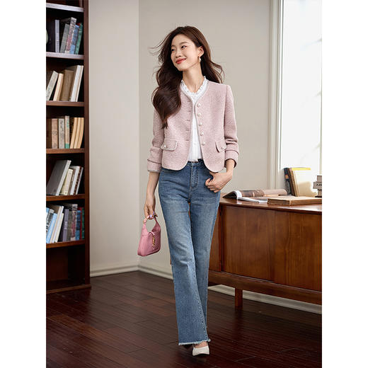 【年货节】熙世界千金小香风女士短外套2025秋新款小个子名媛气质粉色上衣 商品图4