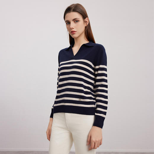 【V领条纹撞色羊绒衫】24年秋冬新品女士100%山羊绒时尚双色毛衣 商品图7