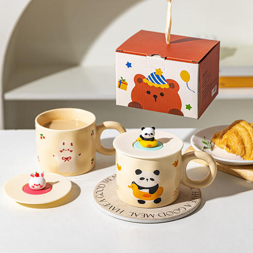 积分免费兑：摩登主妇动物派对马克杯带盖陶瓷杯子办公室水杯早餐杯情侣咖啡杯游泳熊猫 商品图6