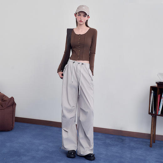 美式复古辣妹修身T恤女秋季大领口长袖收腰显瘦上衣V3242333 商品图1