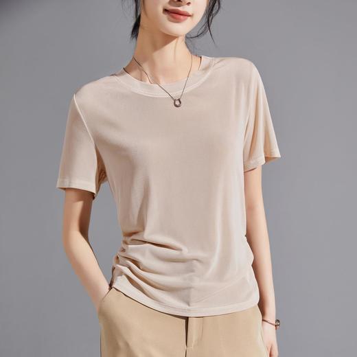 进口天丝三醋酸重磅短袖T恤女 2024夏季老钱新贵V领设计正肩上衣 商品图2