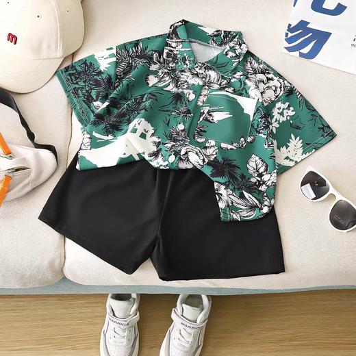 【酷炫印花，时尚潮流，舒适面料，透气不闷热】儿童衬衫男夏短袖 潮花时尚男童 炸街印花衬衣 洋气港风男宝套装 度假风-QQ 商品图5