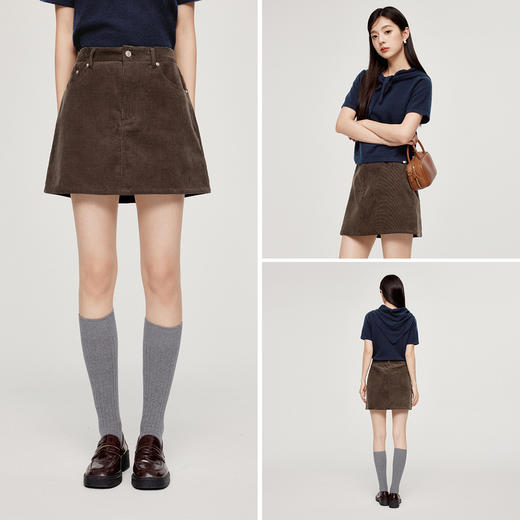 【严选】诗凡黎复古灯芯绒半身裙2024秋新款小个子流行高腰A字显瘦短裙女SF8140911 商品图3