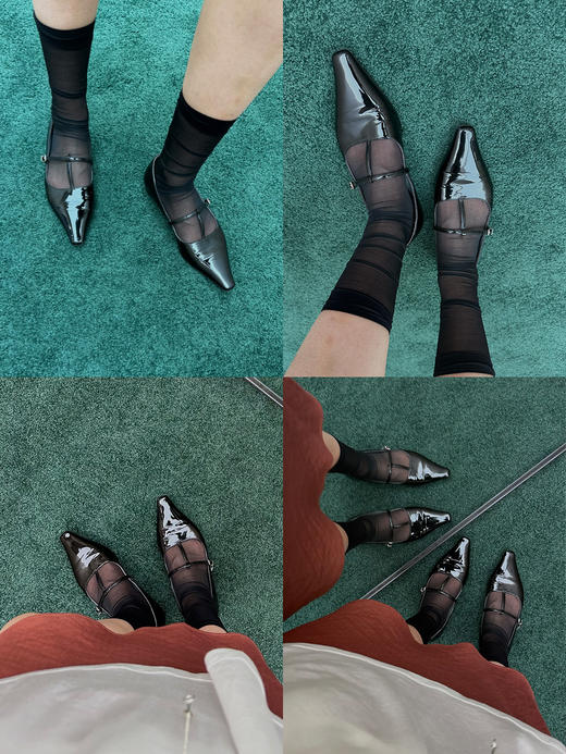 HIDEMI 进口牛漆皮细带玛丽珍尖头平底鞋 商品图1