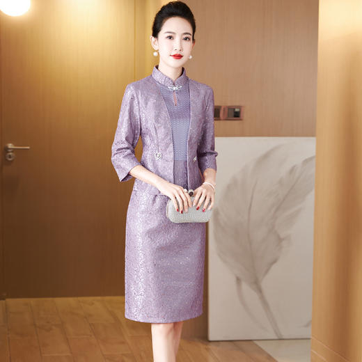 LC-LC2432春季新娘妈妈装遮肚显瘦假两件婚宴装显年轻喜妈妈宴会礼服连衣裙 商品图1