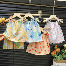 【舒适，时尚，凉爽】夏季新款女宝宝 韩版碎花吊带套装 短裤两件套 洋气夏装女童 女童清爽泡泡棉吊带套装-QQ
