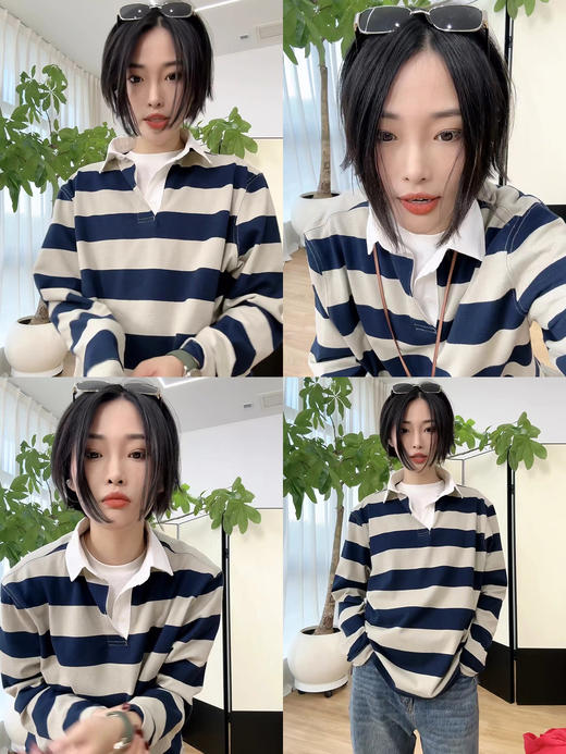 HIDEMI 小男孩系列自然棉色织条纹polo领拼接长袖T恤上衣 浅芸豆灰绿条纹/深炭灰绿条纹 商品图2