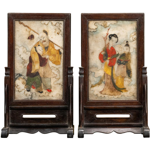 清 红木镶云石彩绘人物诗文砚屏（一对） 商品图5