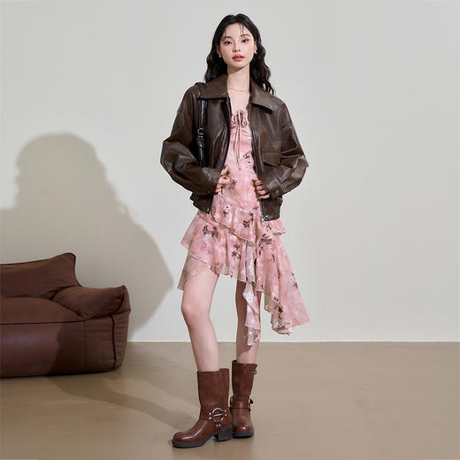 甜美荷叶边长袖碎花连衣裙女早春方领收腰不规则A摆短裙V3242338 商品图1