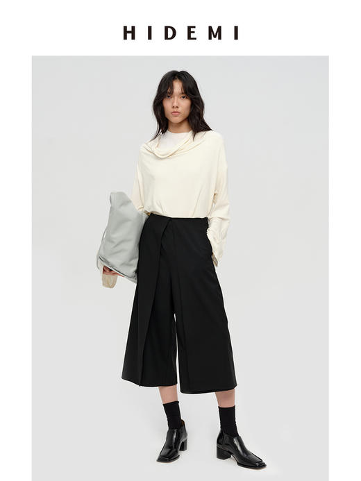 HIDEMI 极简设计感多种穿法荡漾领臻品混纺极细绵羊毛针织长袖弹力加厚款弹力T恤上衣 白色/黑色/赭石红/奶茶米 商品图1