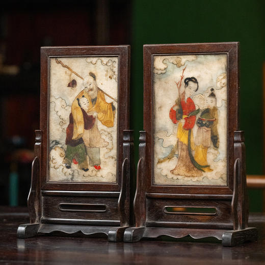 清 红木镶云石彩绘人物诗文砚屏（一对） 商品图4