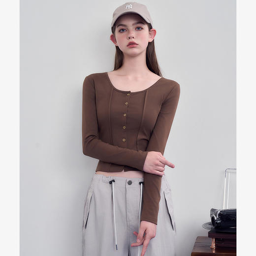 美式复古辣妹修身T恤女秋季大领口长袖收腰显瘦上衣V3242333 商品图3