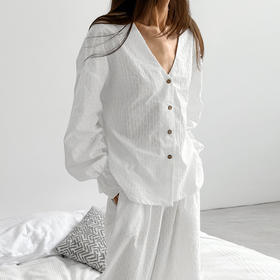 【匠心织造！纯棉开衫家居服套装】超亲肤，会呼吸的睡衣，柔软仿若无感，舒适透气长袖长裤睡衣两件套夏季白色宽松休闲女士