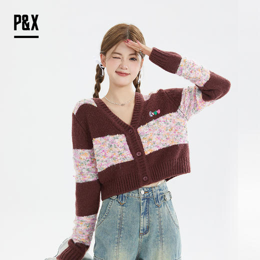 P&X设计师女装秋季宽松拼色毛织短款外套 824313290 酒红 商品图3