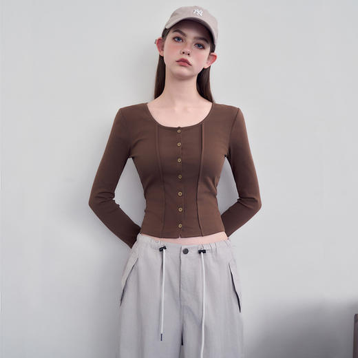 美式复古辣妹修身T恤女秋季大领口长袖收腰显瘦上衣V3242333 商品图4