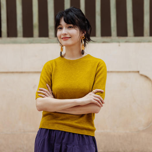 绽放595朵2024早秋新款女装天丝羊绒羊毛短袖彩色文艺针织T恤上衣 商品图5