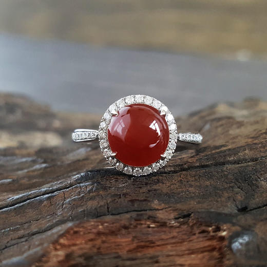 【天然正品】AU750精品白金镶钻镶冰种蛋面红翡翡翠（吉祥、圆满）19号戒指160724NJM09 商品图4