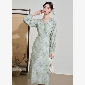 莫奈花园油画风文艺风长袖连衣裙女早春碎花镂空长裙V3142268