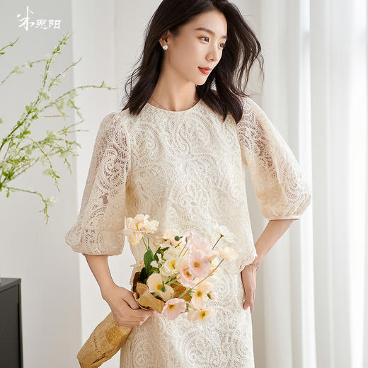 米思阳2026春季新款法式设计感蕾丝衬衫高端镂花泡泡袖上衣女小衫3165 商品图0