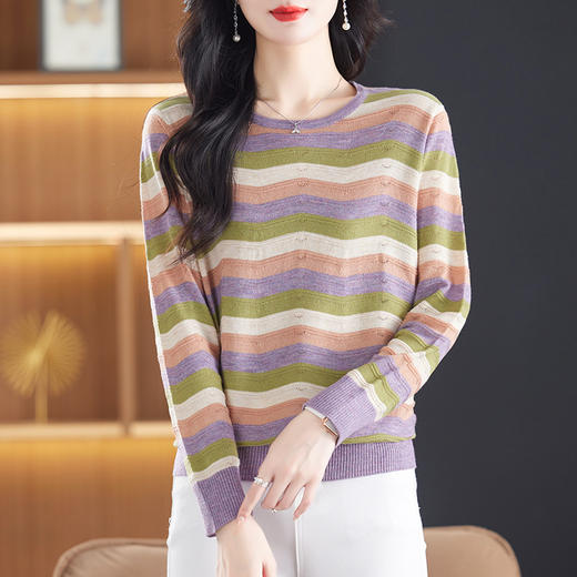 条纹长袖上衣，宽松针织打底小衫薄款CC-13-6301 商品图0