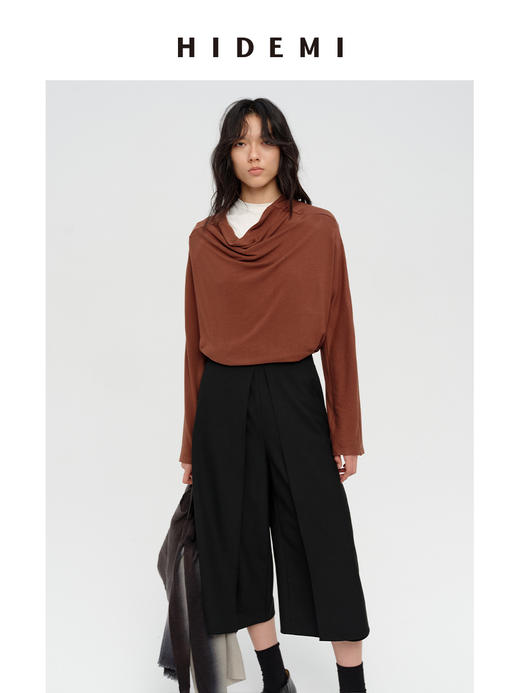 HIDEMI 极简设计感多种穿法荡漾领臻品混纺极细绵羊毛针织长袖弹力加厚款弹力T恤上衣 白色/黑色/赭石红/奶茶米 商品图3