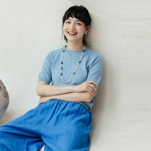 绽放595朵2024早秋新款女装天丝羊绒羊毛短袖彩色文艺针织T恤上衣 商品图2