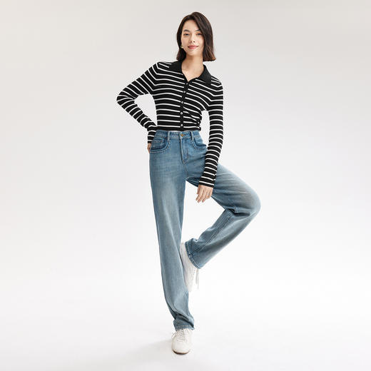 【严选】伊芙丽万向弹口袋撞色设计老爹牛仔裤女2024秋装新款显瘦百搭裤子1F7951271 商品图4
