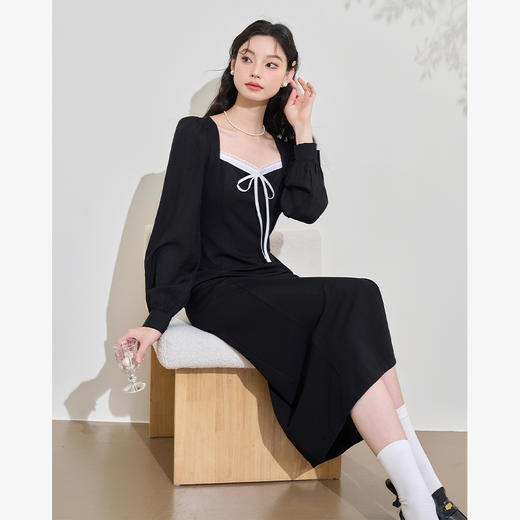 赫本风高级感浪漫复古长袖连衣裙女早春蕾丝花边拼接长裙V3342280 商品图4