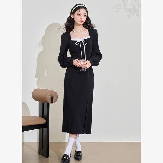 赫本风高级感浪漫复古长袖连衣裙女早春蕾丝花边拼接长裙V3342280 商品图1