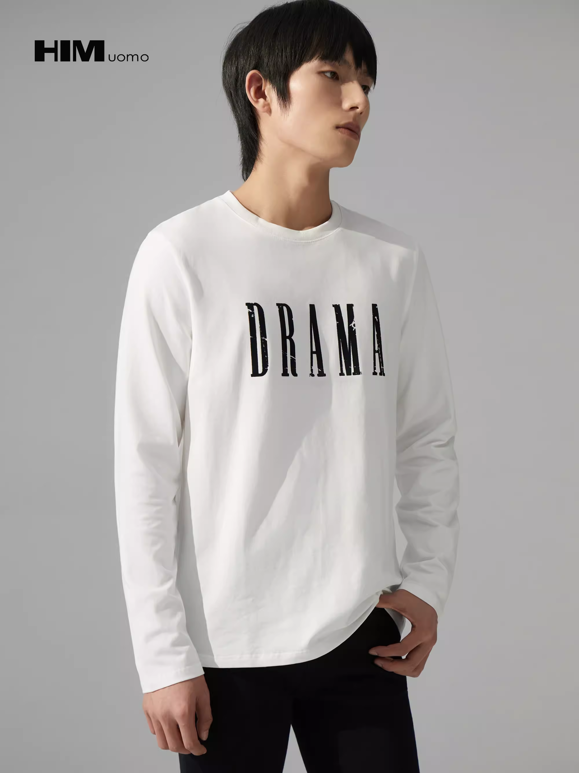 HIM漢崇 破损植绒印花圆领套头长袖T恤男休闲白色打底衫 2025秋季