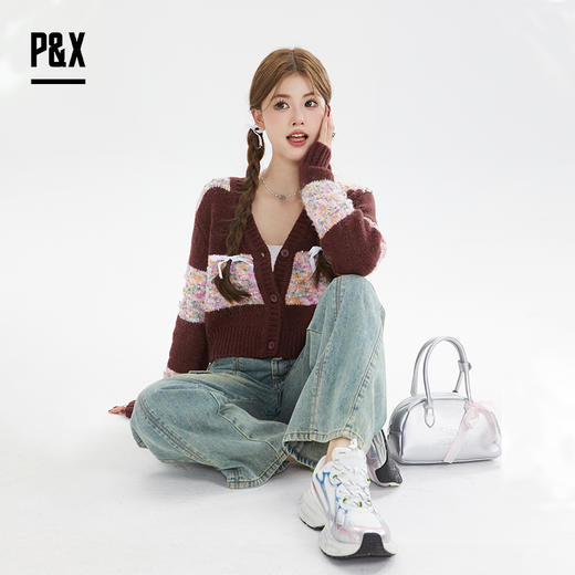 P&X设计师女装秋季宽松拼色毛织短款外套 824313290 酒红 商品图2