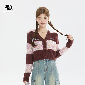 P&X设计师女装秋季宽松拼色毛织短款外套 824313290 酒红