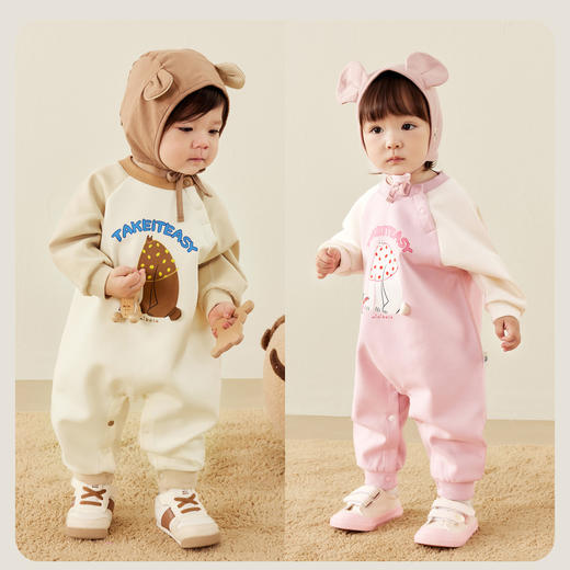 迷你巴拉外出连体衣男女童宝宝柔软顺滑舒弹撞色插肩袖萌趣 商品图2