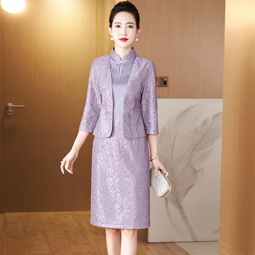 LC-LC2432春季新娘妈妈装遮肚显瘦假两件婚宴装显年轻喜妈妈宴会礼服连衣裙 商品图0